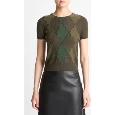 Vince Hand Cut Argyle Wool & Cashmere Blend Short Sleeve Sweater In Multi