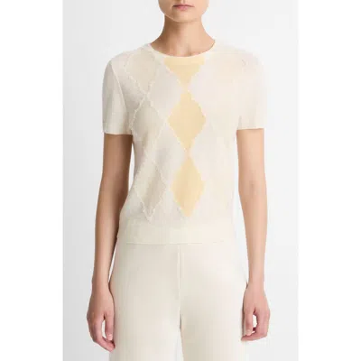 Vince Hand Cut Argyle Wool & Cashmere Blend Short Sleeve Sweater In Neutral