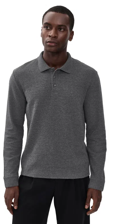 Vince Heathered Double Face Long Sleeve Polo Med H Grey/h Night Leaf In Gray