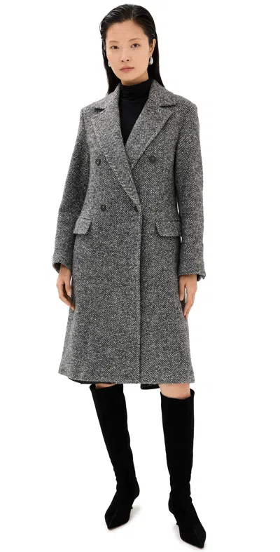 Vince Herringbone Tweed Double Breasted Coat In Charcoal