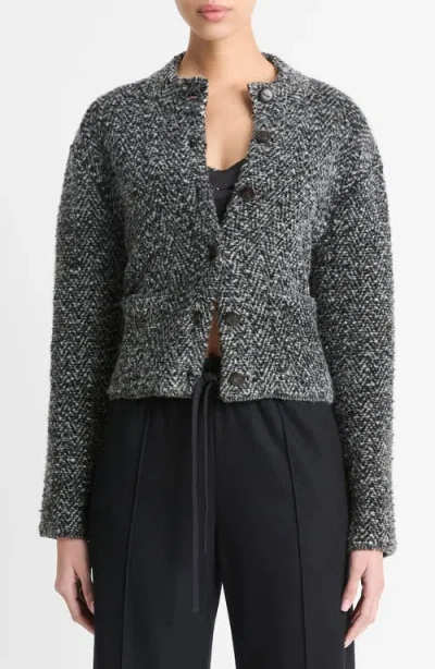 Vince Herringbone Textured Wool Blend Crop Jacket In Black/off White Combo