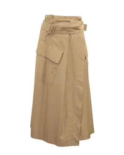 Vince High Rise Belted Midi Skirt In Brown Viscose
