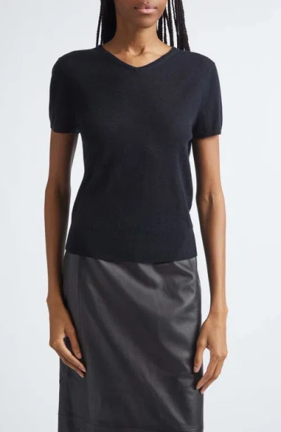 Vince High V-neck Short Sleeve Wool Sweater In Black