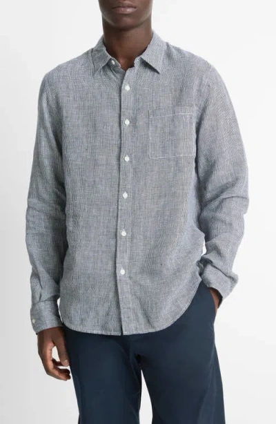 Vince Houndstooth Classic Fit Linen Button-up Shirt In Coastal/optic White