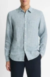 Vince Houndstooth Classic Fit Linen Button-up Shirt In Gray