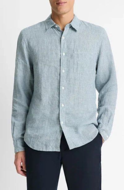 Vince Houndstooth Classic Fit Linen Button-up Shirt In Marlin Teal/optic White