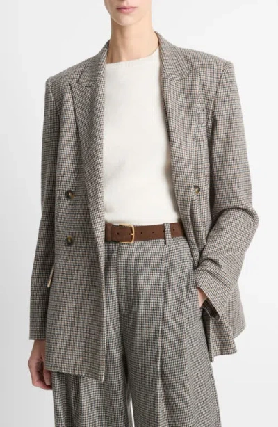 Vince Houndstooth Double Breasted Wool Blend Blazer In Gray