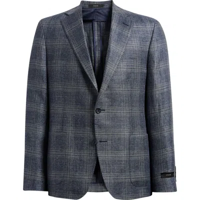 Vince Icon Relaxed Fit Navy Plaid Slub Linen & Wool Sport Coat In Blue