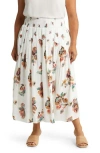 Vince Ikat Smocked Floral Print Skirt In Optic White