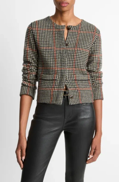 Vince Intarsia Glen Plaid Wool & Cashmere Cardigan In White