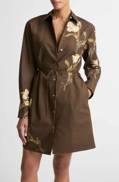 Vince Iris Floral Print Tie Waist Long Sleeve Shirtdress In Brown