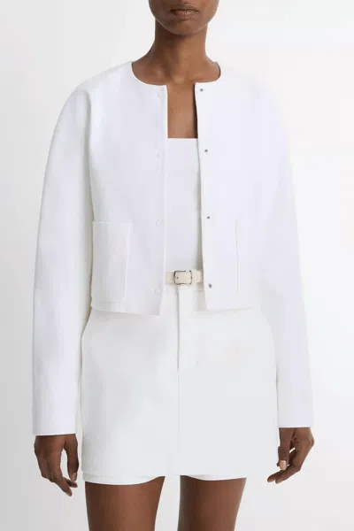 VINCE ITALIAN COTTON COLLARLESS JACKET IN OPTIC WHITE