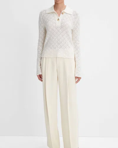 Vince Italian Wool-blend Lace-stitch Polo Sweater In Off White In Beige