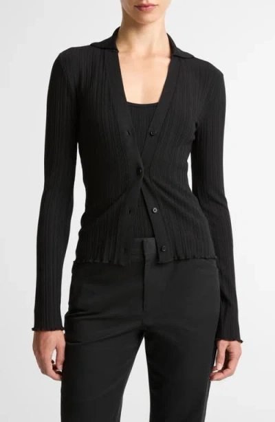 Vince Rib Knit Polo Cardigan Sweater In Black