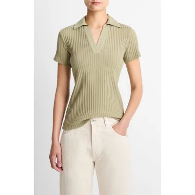 Vince Johnny Collar Ribbed Top In Green