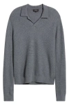 Vince Collared V Neck Regular Fit Merino Wool Sweater In Med Heather Grey