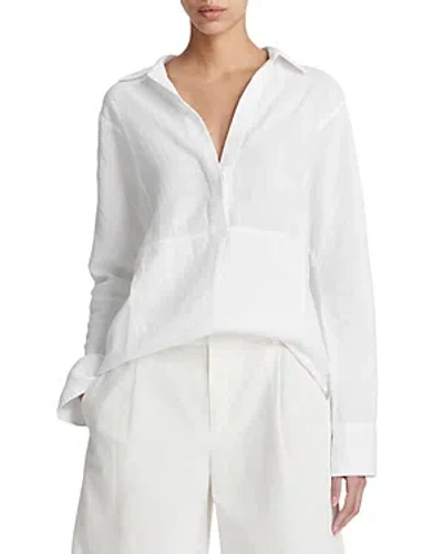 Vince Kangaroo Pocket Long-sleeve Linen Pullover Top In Optic White