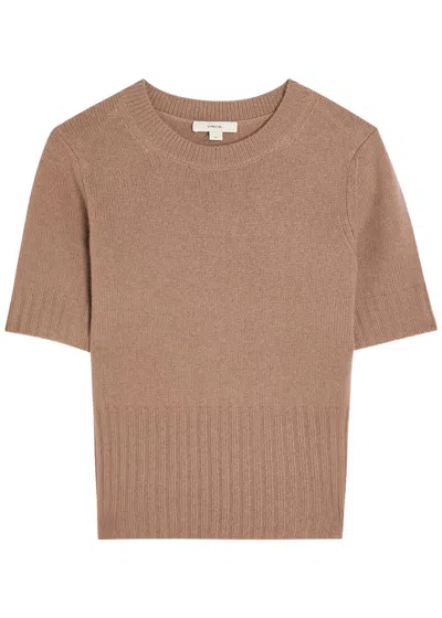 Vince Knitted Wool And Cashmere-blend T-shirt In Beige
