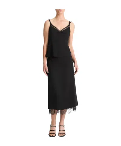 Vince Lace Paneled Straight Midi Skirt In Black