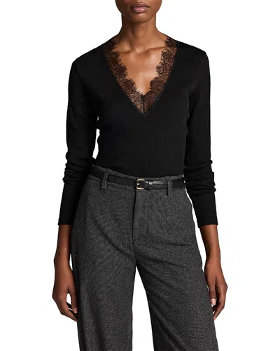 Vince Lace Trim Long Sleeve V Neck Top In Black