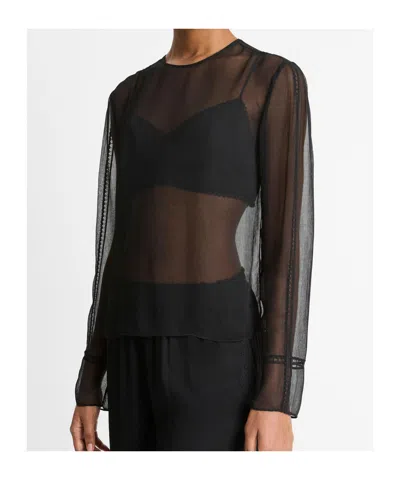 Vince Lace-trimmed Transparent Chiffon Top In Black