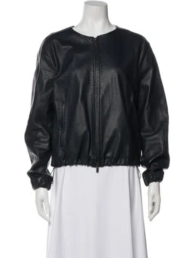 Pre-owned Vince Lamb Leather Bomber Jacket In Blue