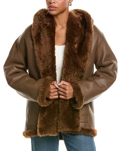 Vince Leather & Shearling Hooded Jacket In Brown