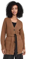 Vince Leather Belt Ribbed Cardigan Sweater In Almond