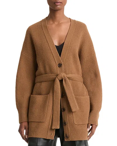 VINCE LEATHER BELT RIBBED CARDIGAN SWEATER