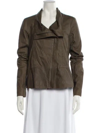 Pre-owned Vince Leather Biker Jacket In Green