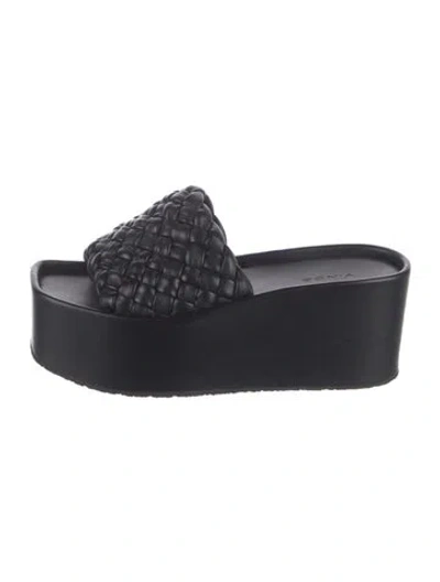 Pre-owned Vince Leather Braided Accents Slides In Black
