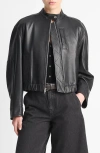 Vince Cropped Leather Bomber Jacket In Black