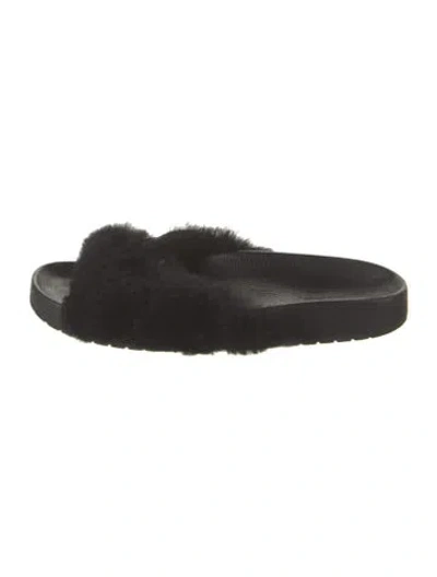 Pre-owned Vince Leather Fur Trim Slides In Black