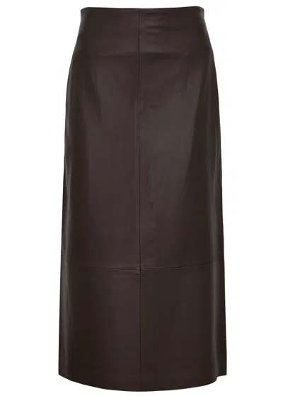 Vince Leather Midi Skirt In Brown