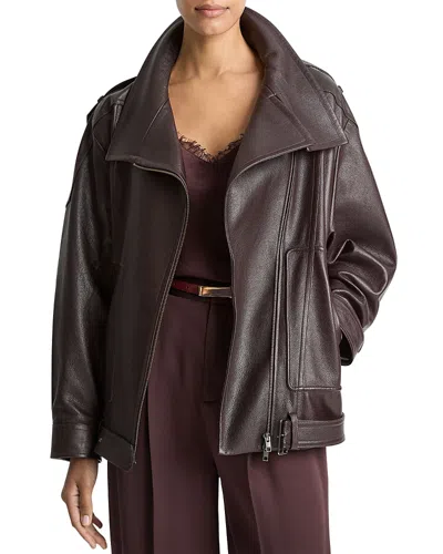 Vince Leather Oversized Biker Jacket In Purple