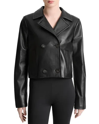 Vince Leather Shrunken Peacoat In Black