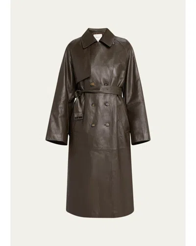 Vince Leather Trench Coat In Brown