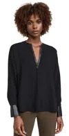 Vince Faux Leather-trim Dolman-sleeve Blouse In Black In Black