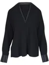 Vince Leather Trim Dolman Slv Blouse In Black