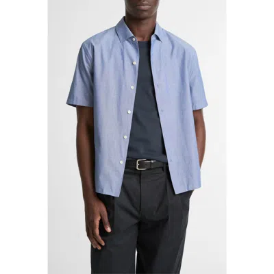 Vince Lightweight Short Sleeve Cotton Chambray Button-up Shirt In Blue