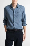 Vince Solid Linen Button Down Shirt In Blue