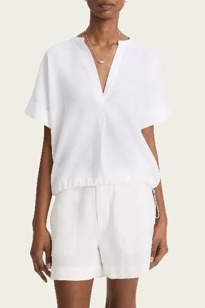 VINCE LINEN DRAWCORD-HEM BLOUSE IN OPTIC WHITE
