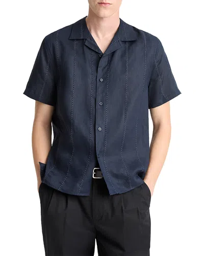 Vince Linen Eyelet Stripe Short Sleeve Cabana Shirt In Blue
