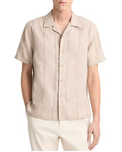 Vince Linen Eyelet Stripe Short Sleeve Cabana Shirt In Neutral