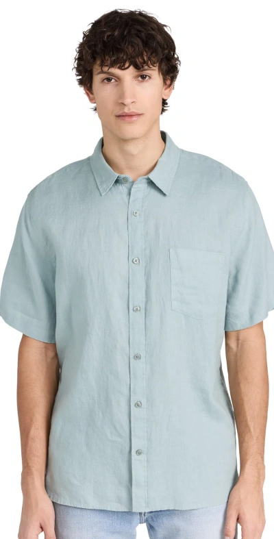 Vince Linen Short Sleeve Button Down Ceramic Blue In Baby Blue