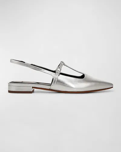 Vince Lliana Metallic T-strap Ballerina Flats In Silver Leather