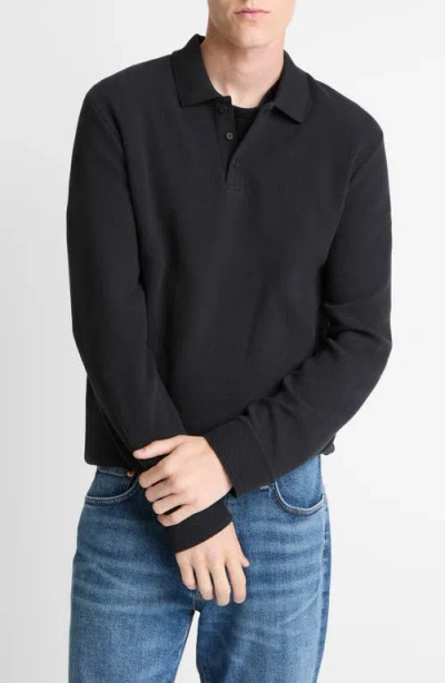 Vince Long Sleeve Basketweave Polo In Black