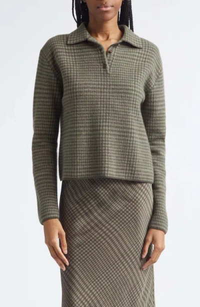 Vince Long Sleeve Check Polo Sweater In Green
