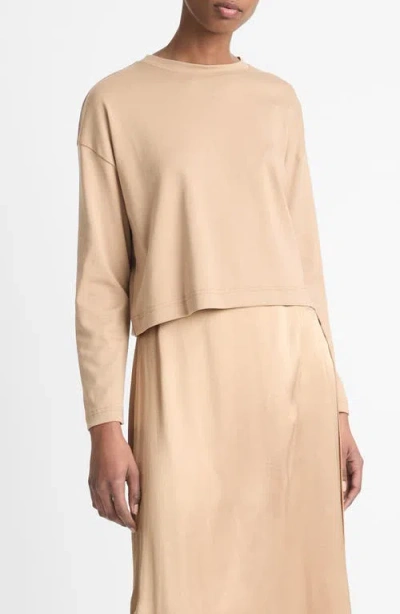 Vince Long Sleeve Cotton Crop T-shirt In Brown