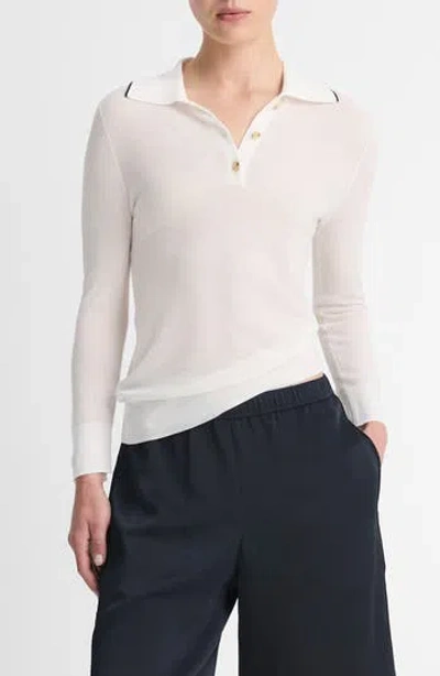 Vince Long Sleeve Cotton Polo Sweater In White
